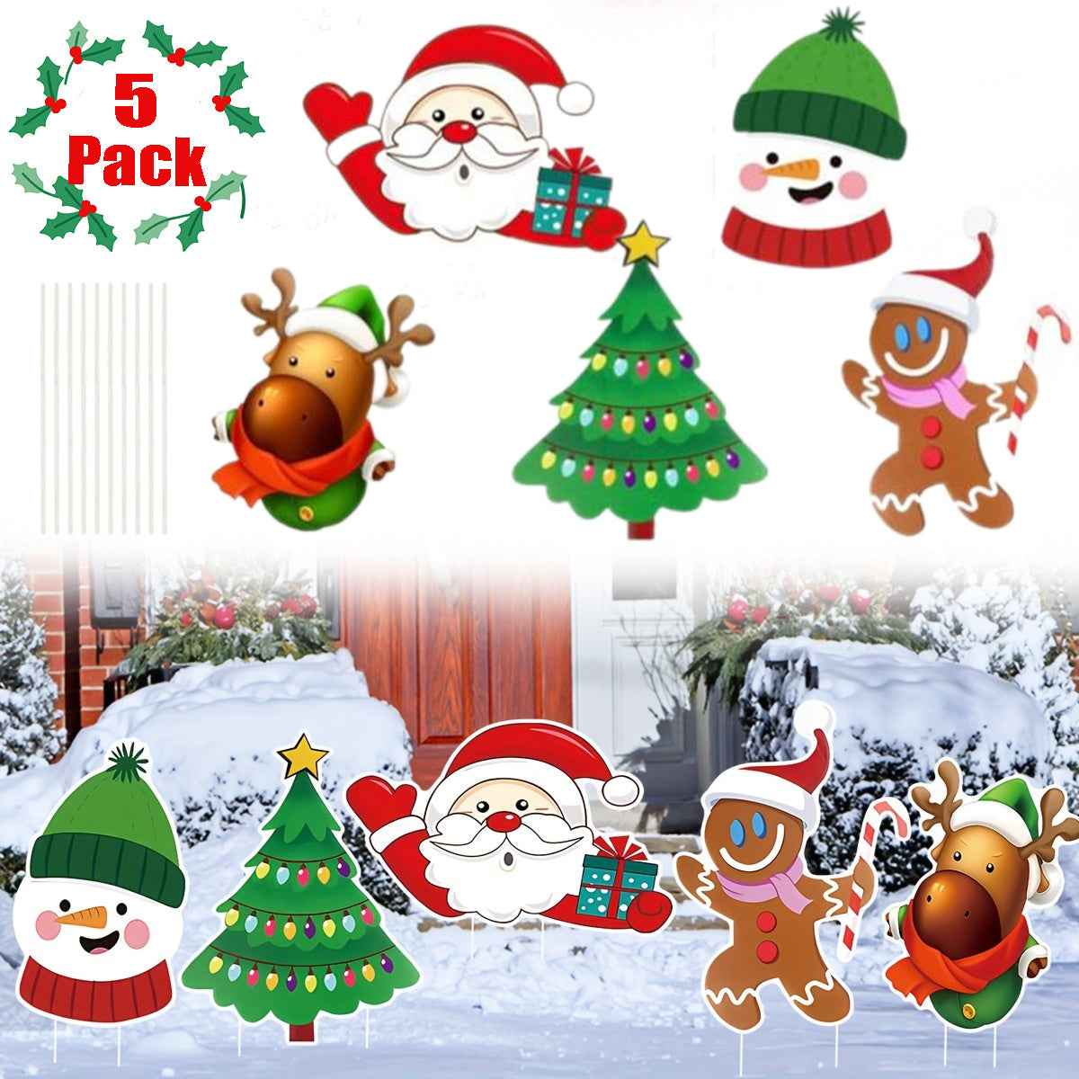 5 Pack Christmas Outdoor Yard Signs with Stakes - Tree Reindeer Santa Gingerbread - DropOnline.co