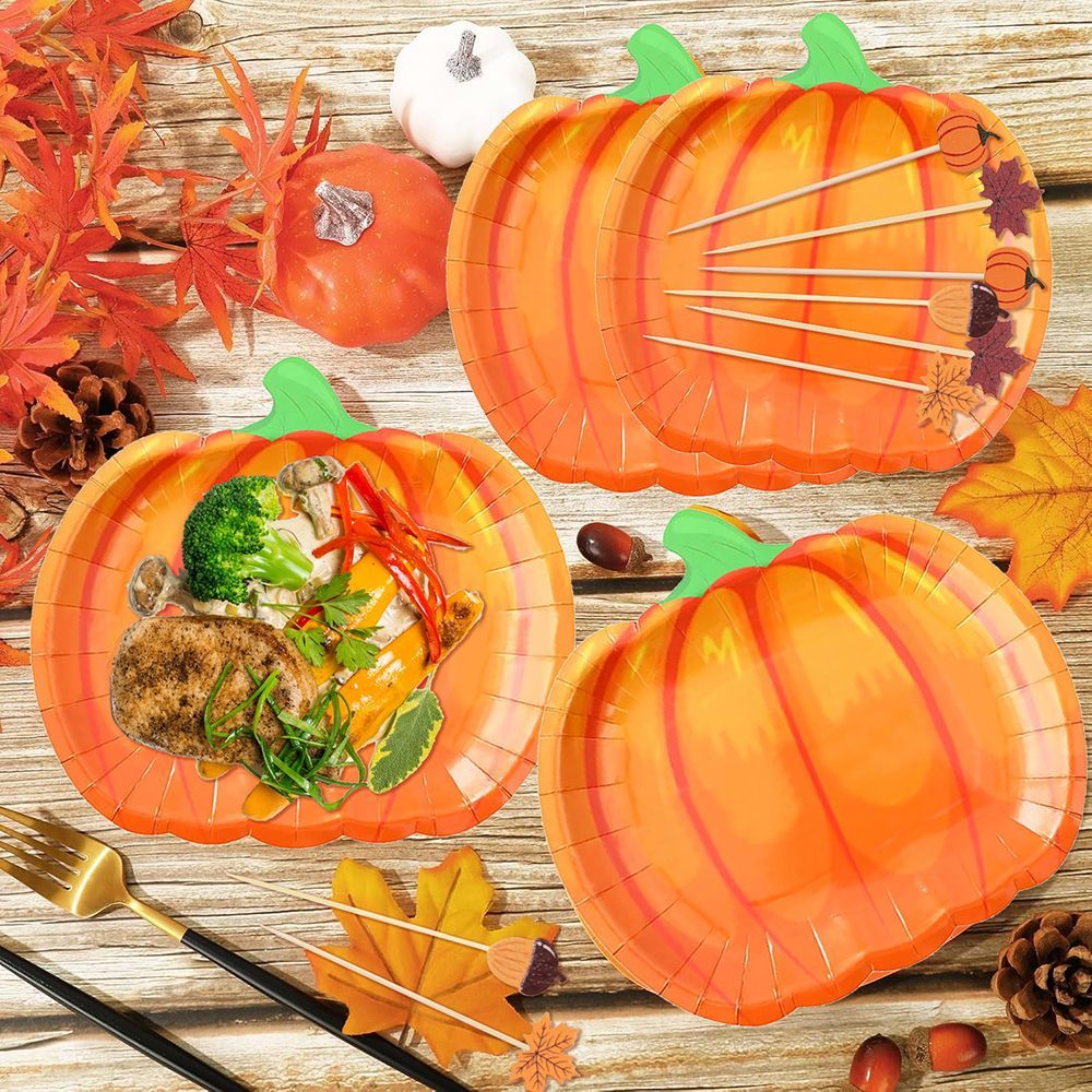 134 Pcs Thanksgiving Party Tableware Set - Pumpkin Plates, Popcorn Boxes & Fall Cocktail Picks