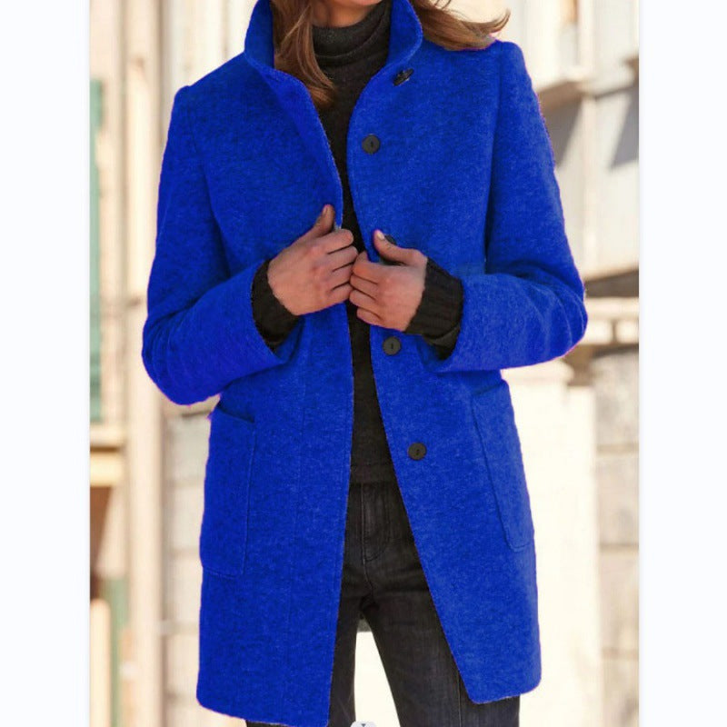 Pure Color Button Stand Collar Woolen Outwear