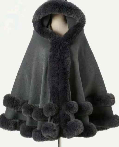 Loose Fur Collar Shawl, Cold-proof Fleece-lined Thick Coat