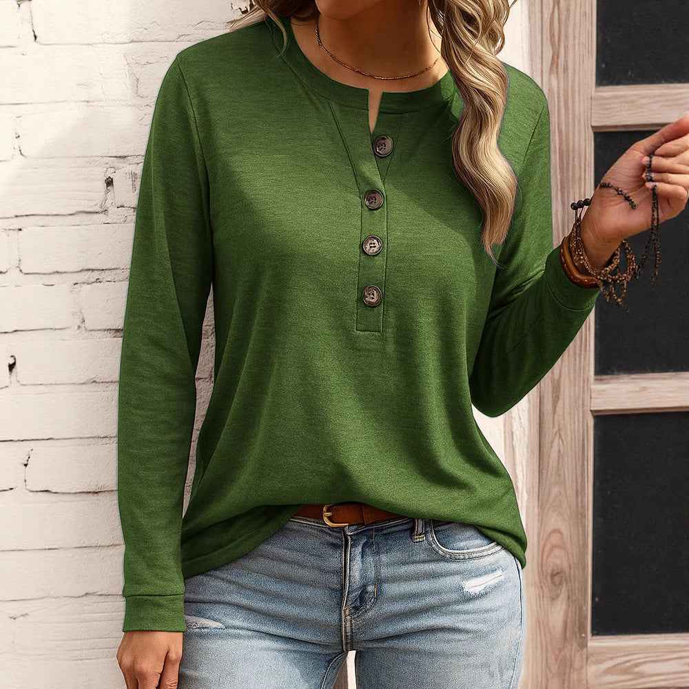 Women's Casual V-neck Placket Long Sleeve Pullover Multi-color Sweater