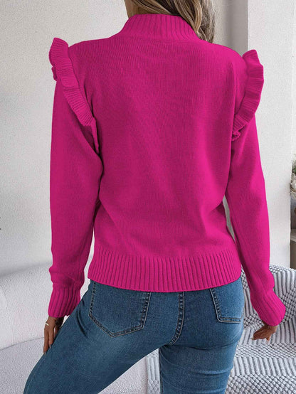 Women Solid Color Ruffled Mock Neck Long Sleeve Pullover Sweater