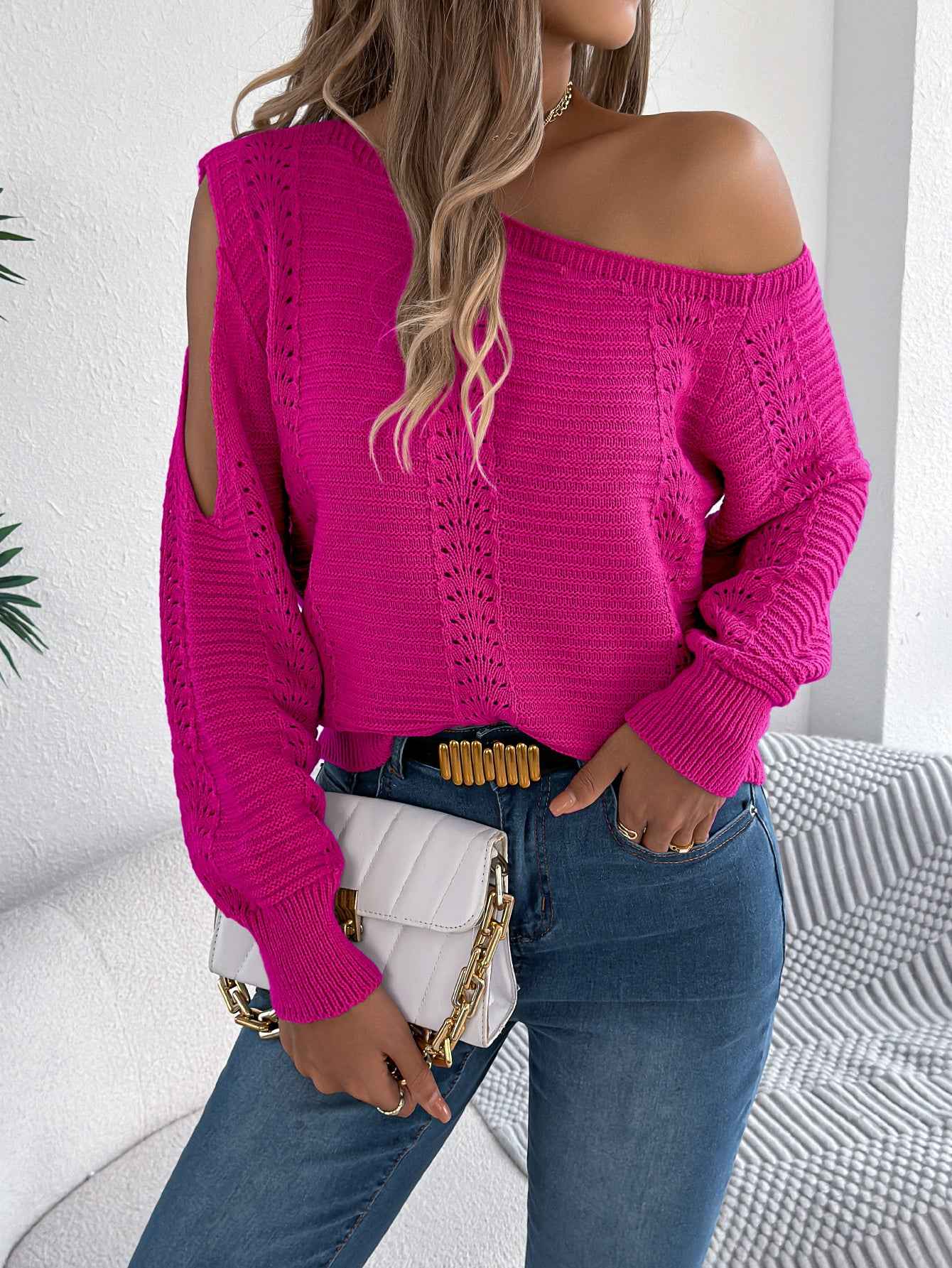 Women Casual Solid Color Hollow Out Off-Shoulder Long Sleeve Pullover Sweater