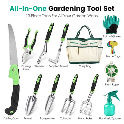 13Pcs Garden Tool Set Aluminum Alloy Gardening Hand Tools Starter Kit With Garden Bag Outdoor Hand Tools
