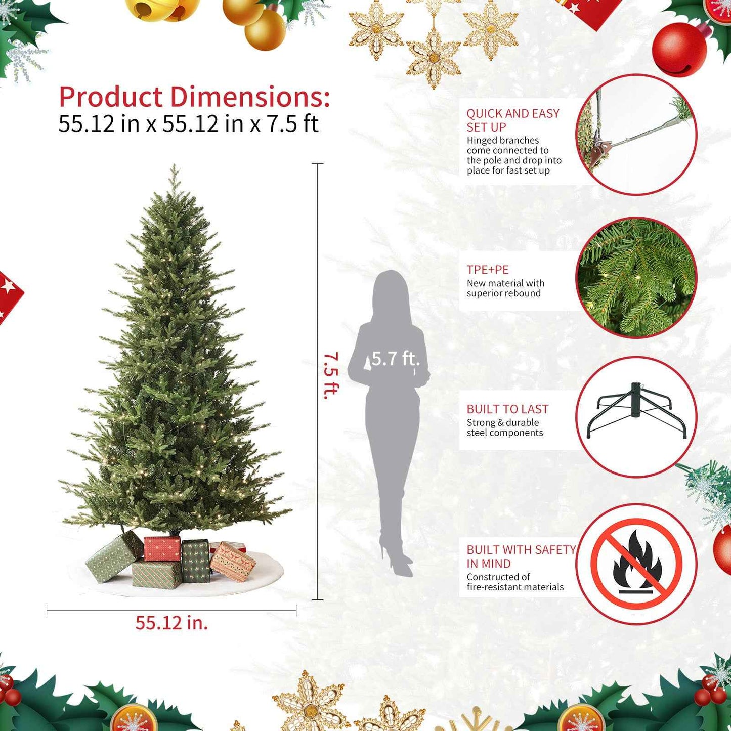 Fraser Slim Fir 7.5ft Christmas Tree Pre-Lit Artificial With 3,429 Branch Tips & 792 Low-Voltage Warm LED Lights, Foldable Stand & Realistic Flame-Resistant Branches