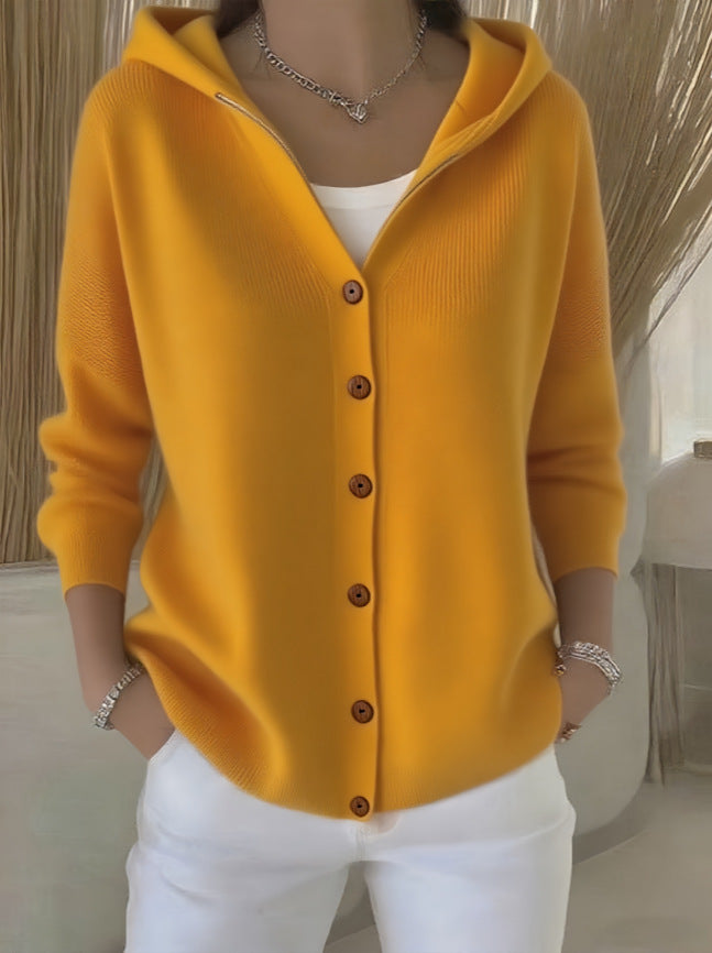 Buttoned Knitted Hooded Sweater - Cozy Women's Cardigan with Hood