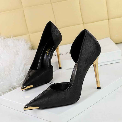 Satin Metal Pointed High Heel Thin Heel Shallow Single Shoes