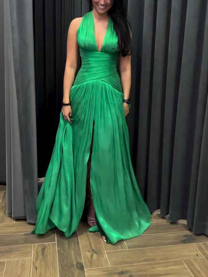 Emerald Green Plunging Neckline Gown With Pleated Skirt And Side Slit