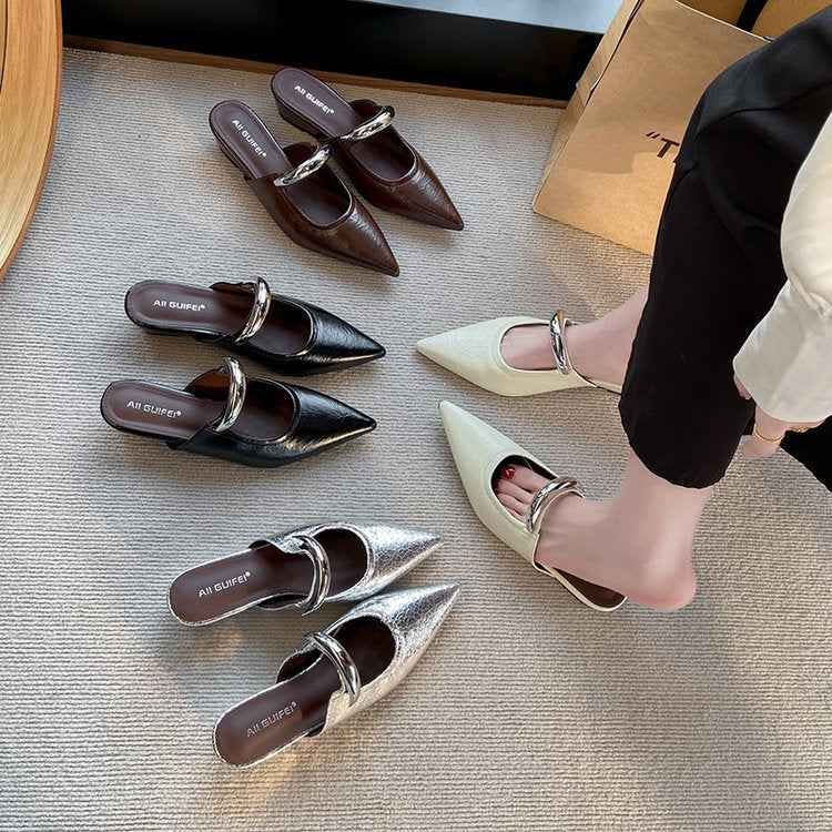 Pointed Toe Slip-on Mule Sandals With Chunky Heels