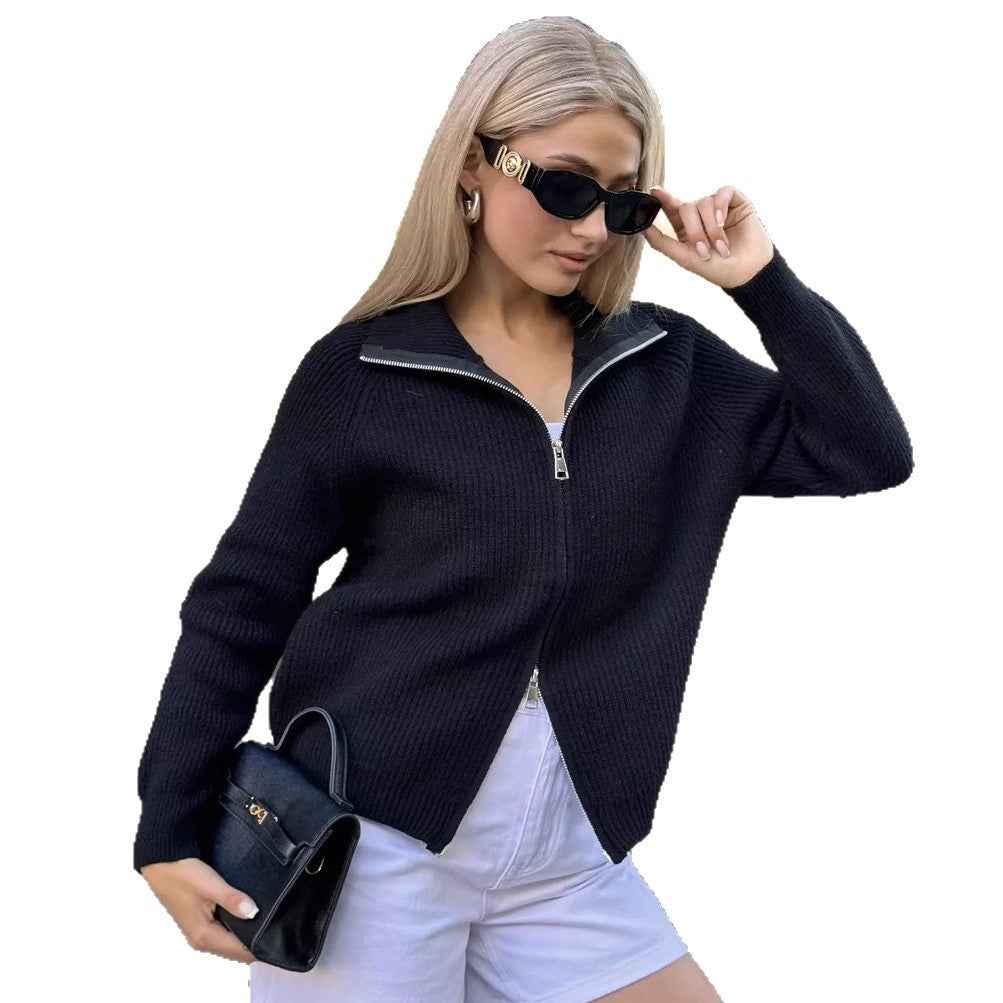 Women's Casual Knit Dual-zip Solid Color Sweater