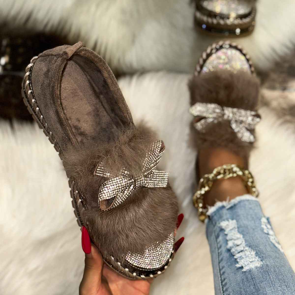 Fashion Bow Rhinestone Plus Size Women's Casual Shoes