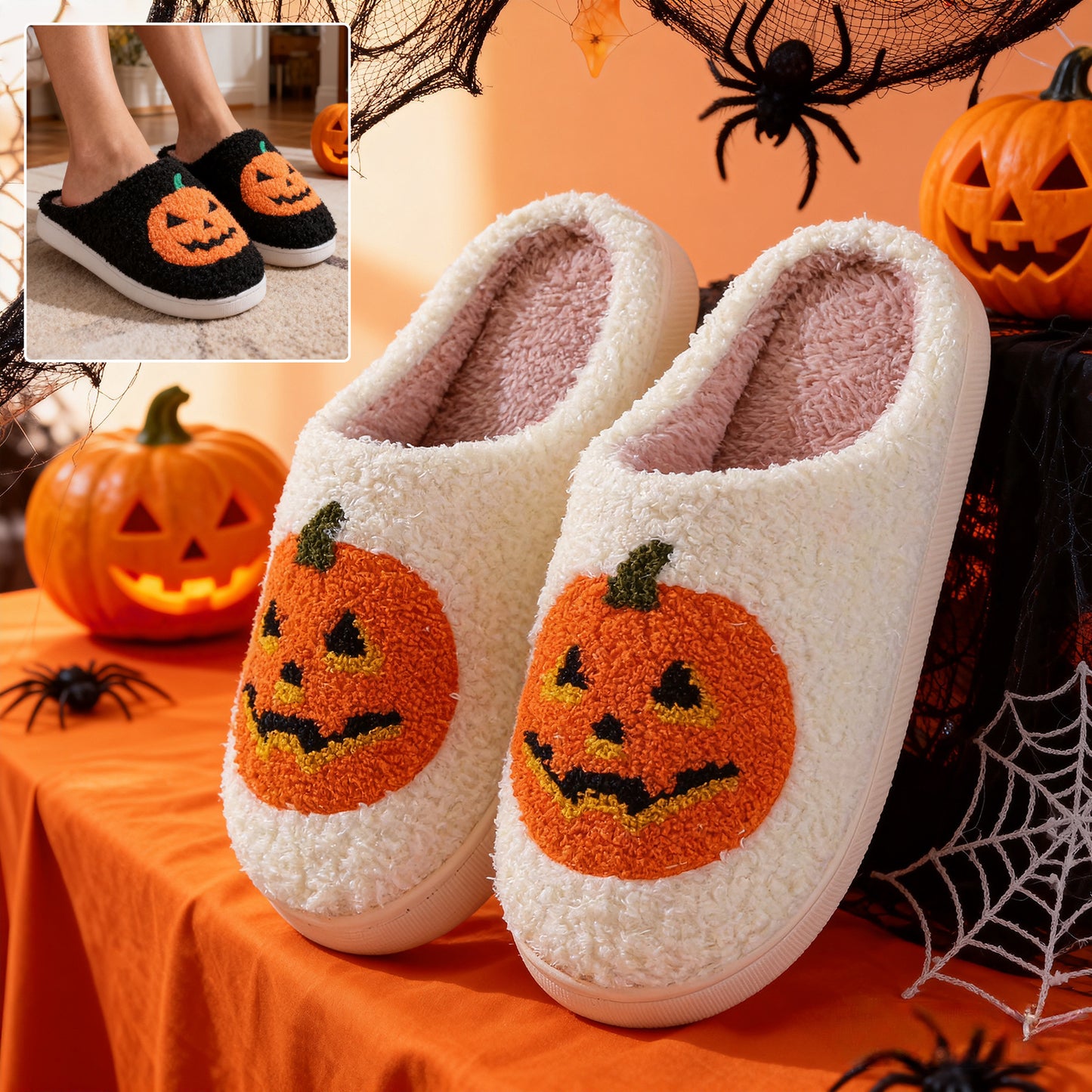 Halloween Pumpkin Cartoon Slippers Warm Winter Slippers Men And Women Couples Indoor House Shoes - DropOnline.co