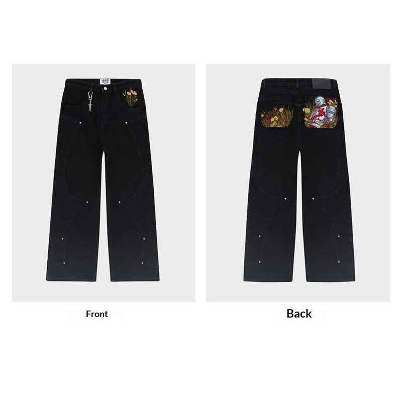 Black Jeans With Embroidered Silver Knight Armor