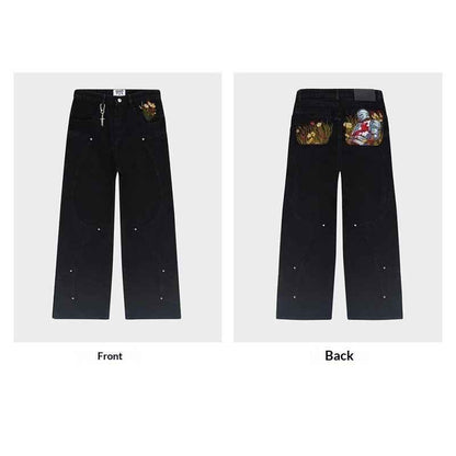 Black Jeans With Embroidered Silver Knight Armor