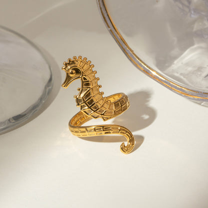 Ocean 18K Gold Stainless Steel Seahorse Opening Ring - DropOnline.co