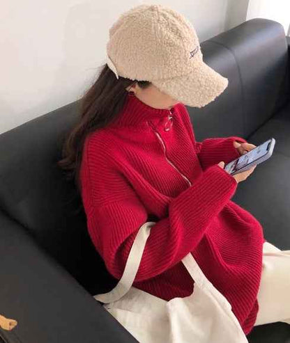 Loose French Style Large Lapel Zipper Sweater For Women