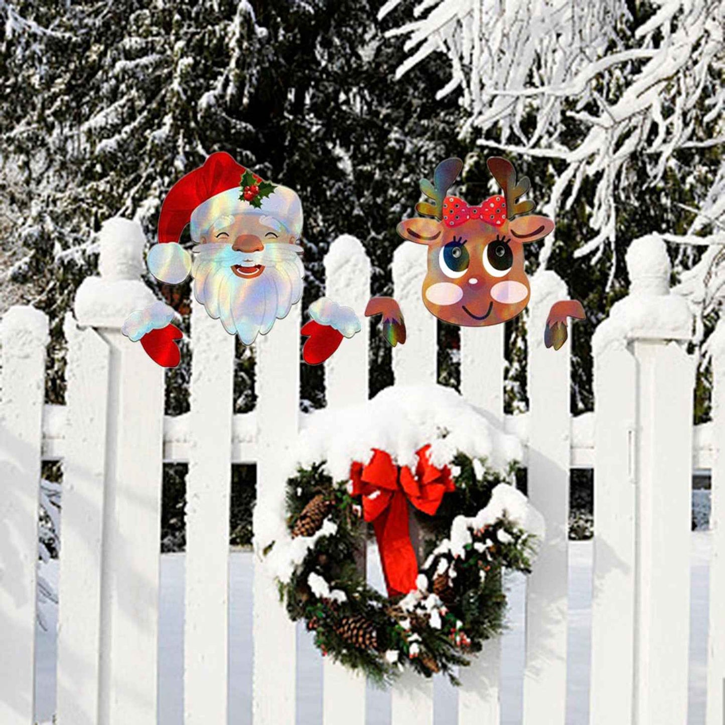 Christmas Fence Peeker Decoration - Peeking Santa & Elk with Stickers for Outdoor Display - DropOnline.co