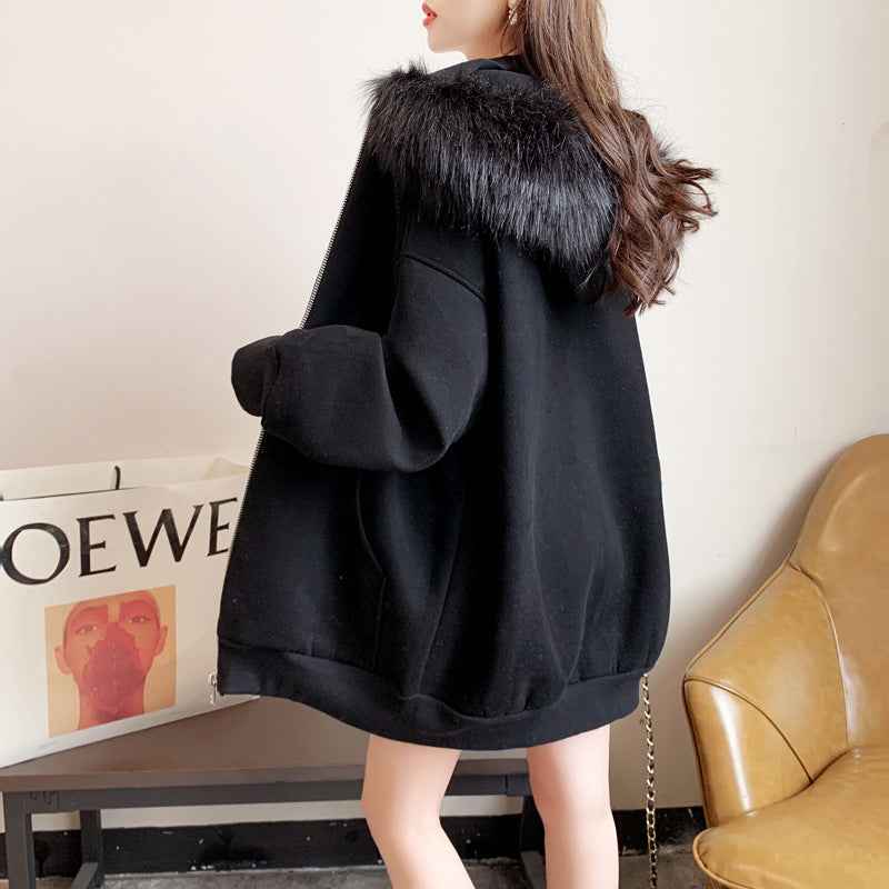 Plus Size Fleece-lined Thicker Hooded Cardigan Sweater Loose Design