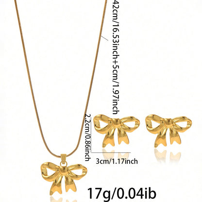 Lxalry 18K Gold Plated Stainless Steel Bow Jewelry Set For Women - Cute Waterproof Necklace & Earrings, Hypoallergenic, Elegant Gift For Birthday, Girlfriend, Christmas, Summer, Daily Wear - DropOnline.co