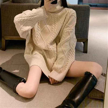 High-neck Design Cable Knit Sweater Women Autumn