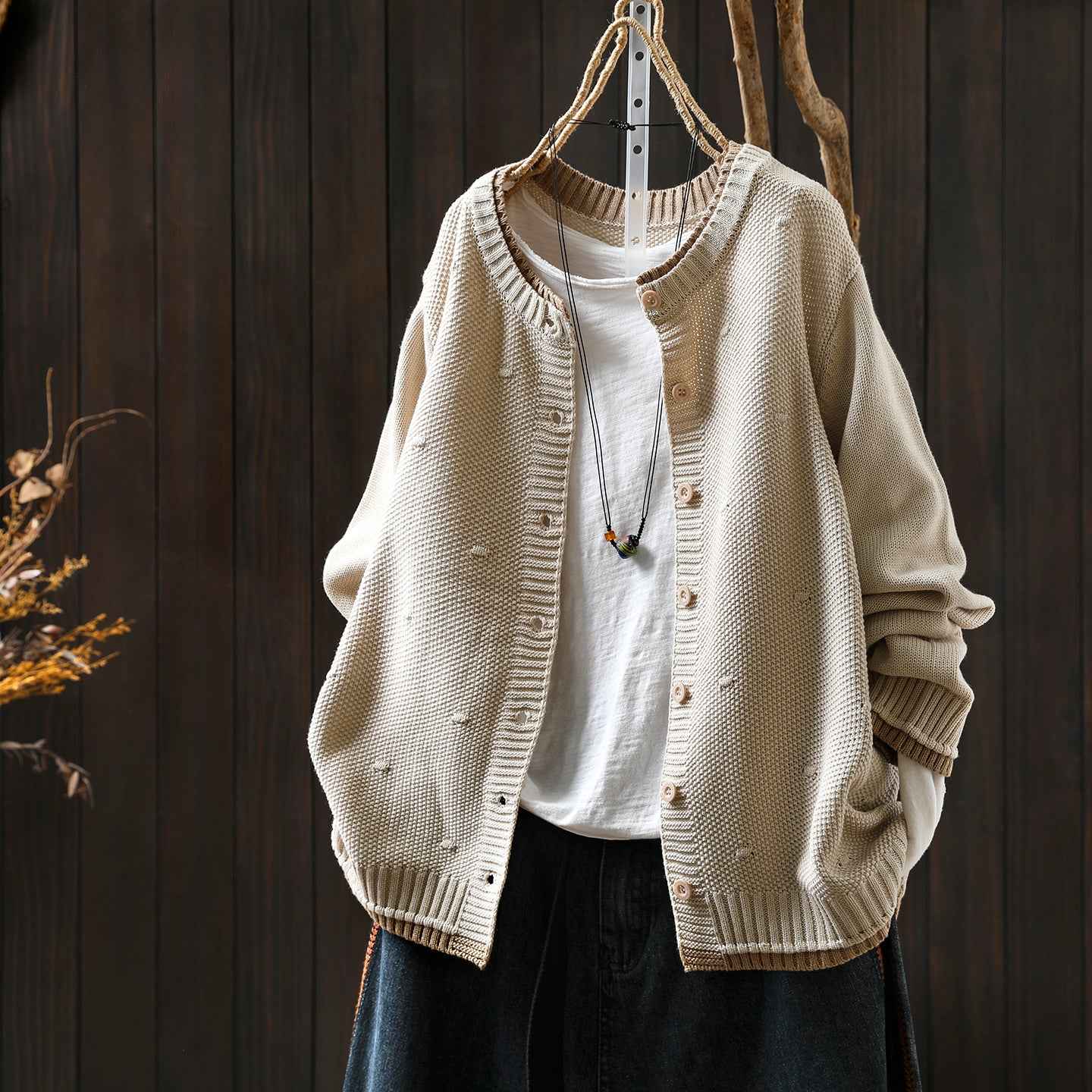 Women's Cardigan Sweater Coat Color Block Cotton Thread Knitting Retro Casual