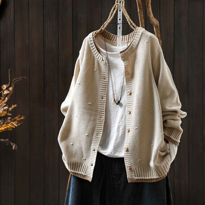 Women's Cardigan Sweater Coat Color Block Cotton Thread Knitting Retro Casual