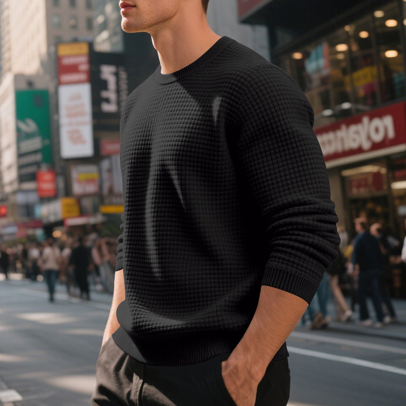 Men's Loose Simple Sports Jacquard Round Neck Sweater - Long Sleeve Athletic Top