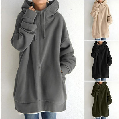 Women's Oversized Hooded Zip-Up Sweatshirt - Velvet-Lined Long Coat - DropOnline.co
