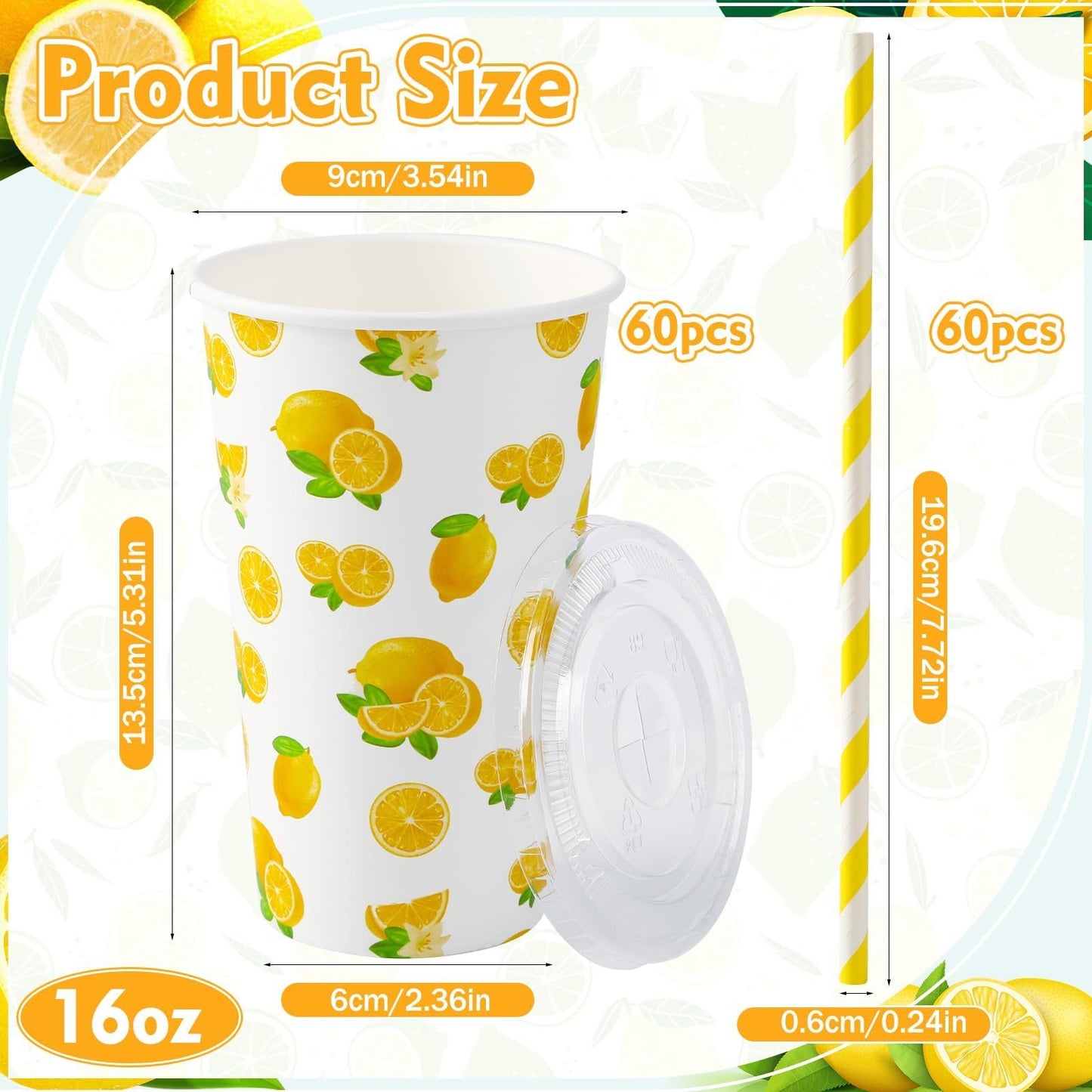 Lemonade Paper Cups Set - 180pcs with Lids & Straws 16oz