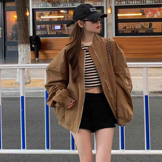 Retro Jacket Top Pilot Coffee Color Stand Collar