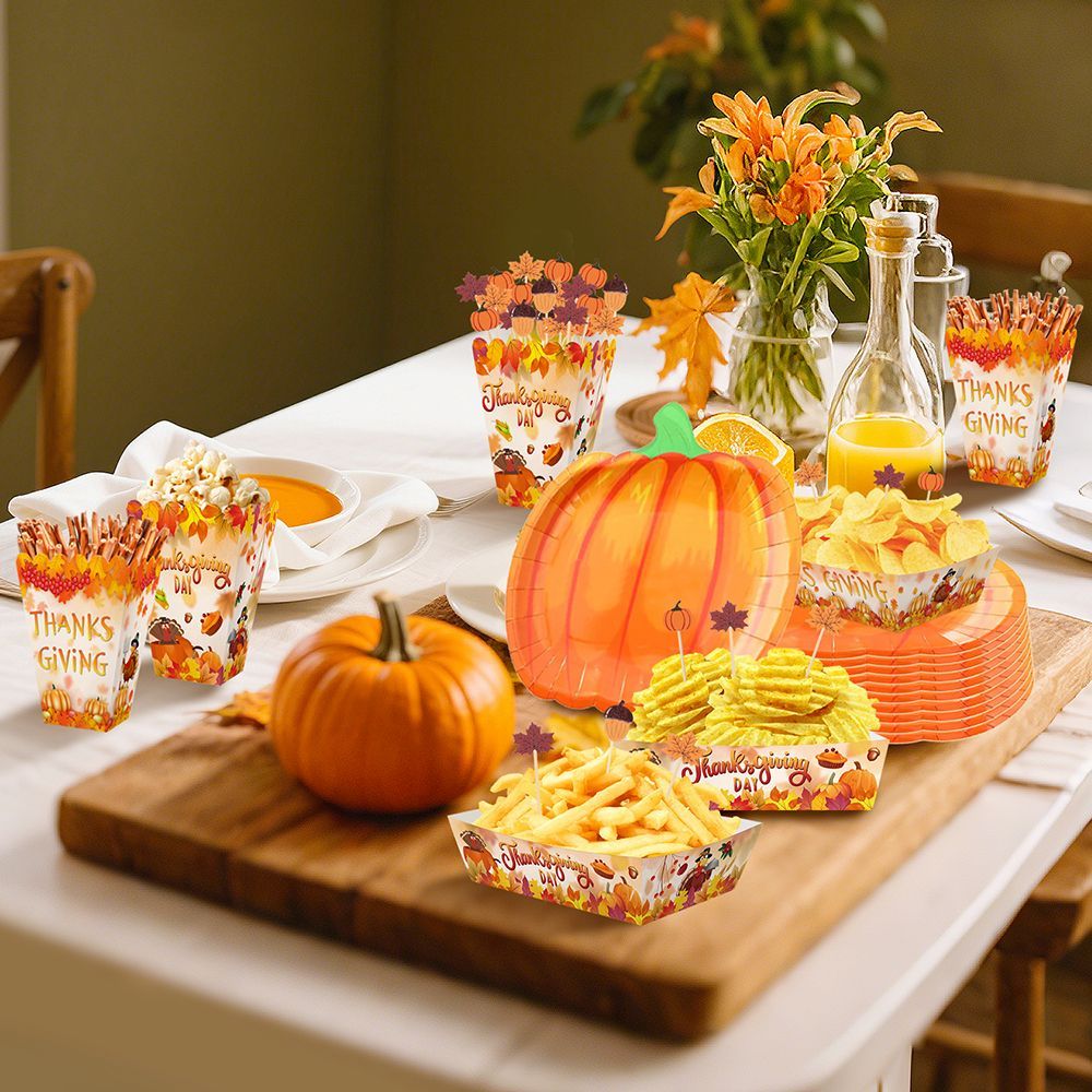 134 Pcs Thanksgiving Party Tableware Set - Pumpkin Plates, Popcorn Boxes & Fall Cocktail Picks