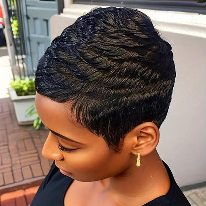 Women's Elegant Elf Haircut Non-toxic Wig - Brazilian Remy Real Hair, Natural Color, Short Straight Hair, All Machine-made, With Buckle Cap. - DropOnline.co