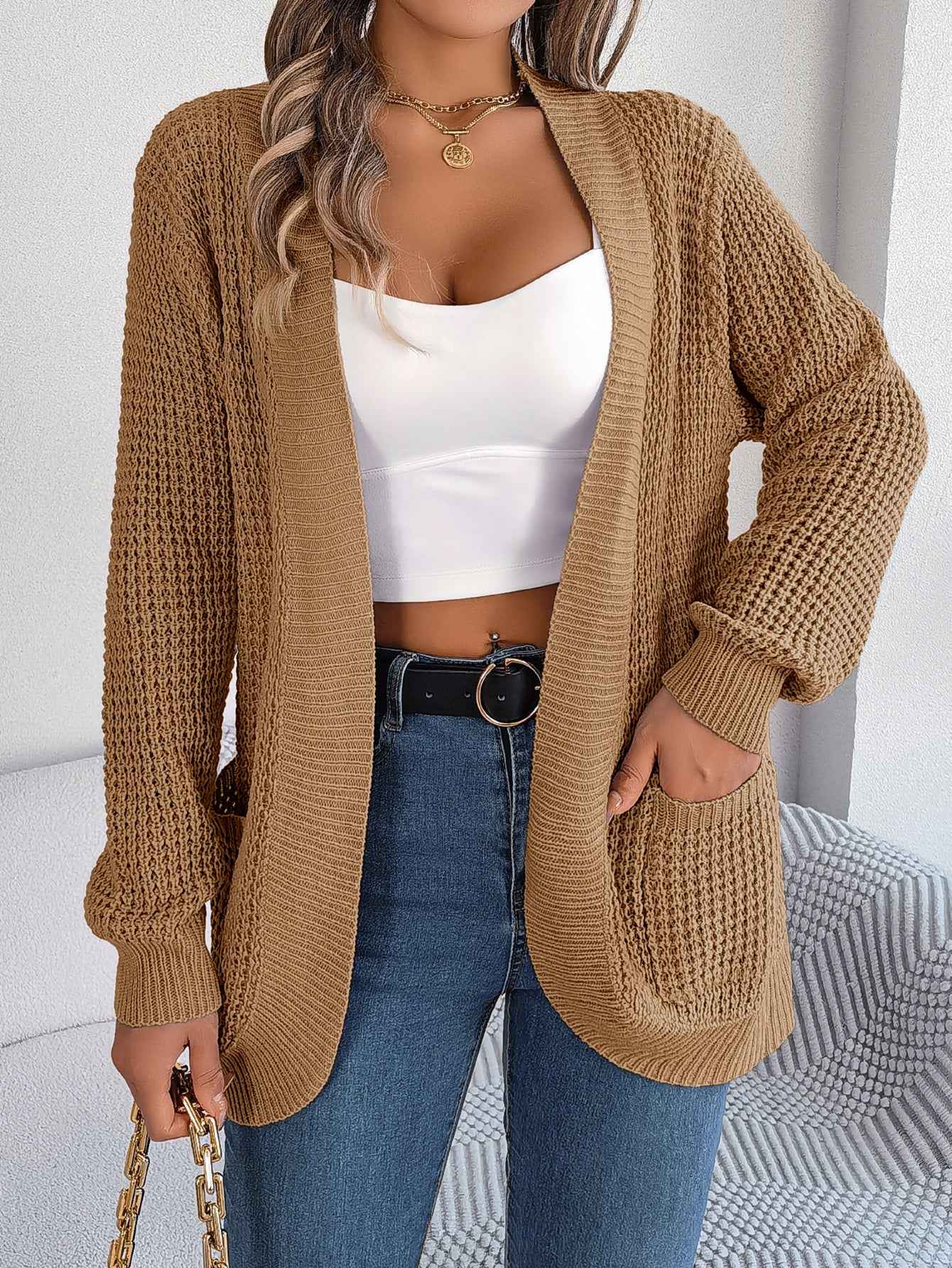 Women Casual Pocket Long Sleeve Knit Cardigan Sweater