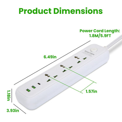 1Pc Power Strip With 6FT Extension Cord 3 AC Outlets And 2 USB A Ports 1 USB C Port 2500W Wall Mount Outlet Extender For Home Office Dorm Travel - DropOnline.co