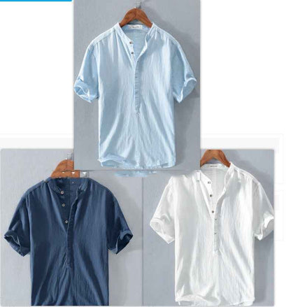 Men's Stand Collar Ice Silk Linen T-Shirt - Japanese Style Short Sleeve