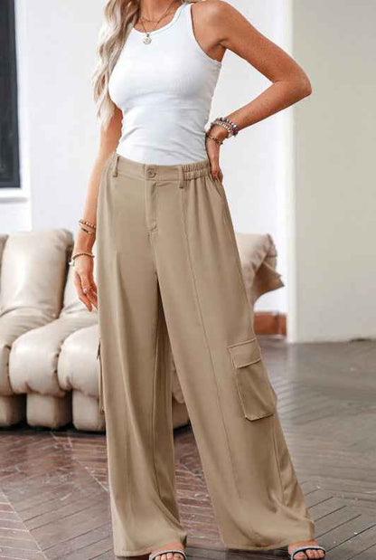 Solid Color Elastic High Waist Loose Cargo Pants