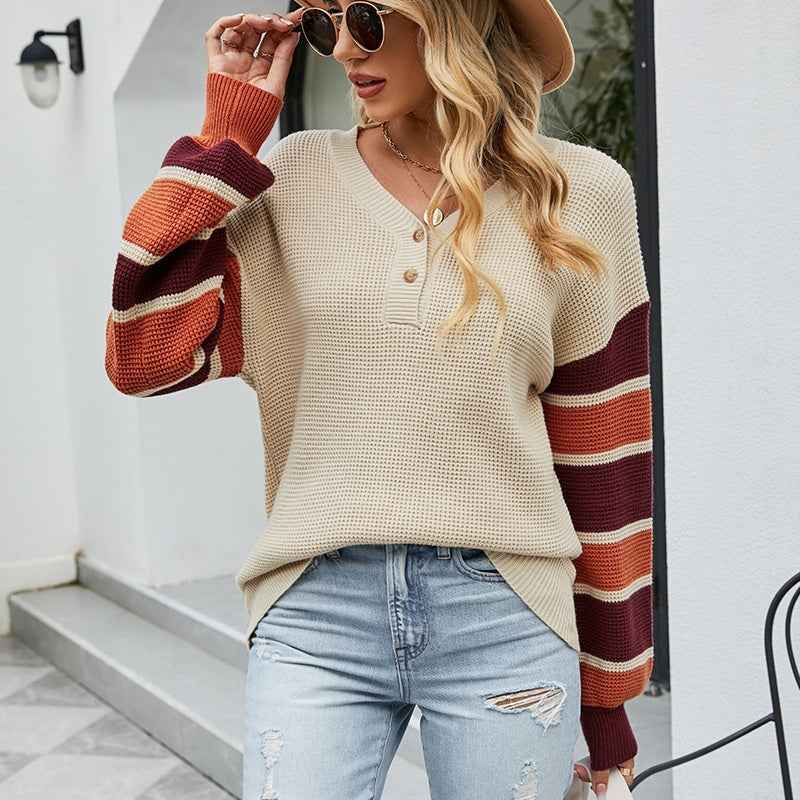 Striped Open-front Button-knit Lantern Sleeve Sweater Women