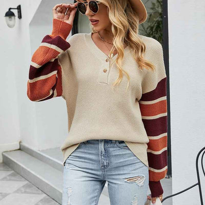 Striped Open-front Button-knit Lantern Sleeve Sweater Women