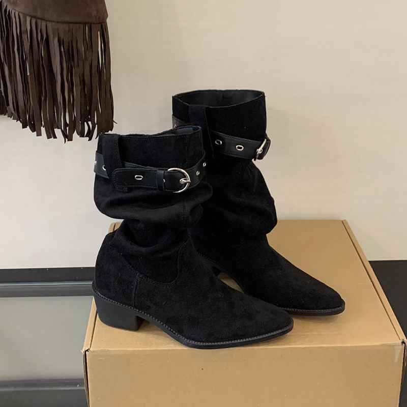 Western Cowboy Mid-calf Thick Heel Pointed Toe High Fold Stack Boots