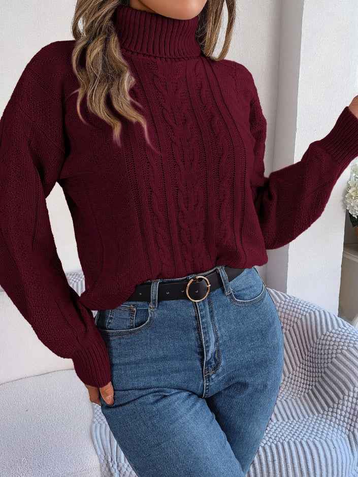 Women Casual Turtleneck Cable Knit Long Sleeve Pullover Sweater