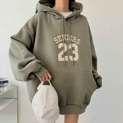 Hooded Embroidery Autumn And Winter Thin Velvet Padded Loose Lazy Style Sweatshirt