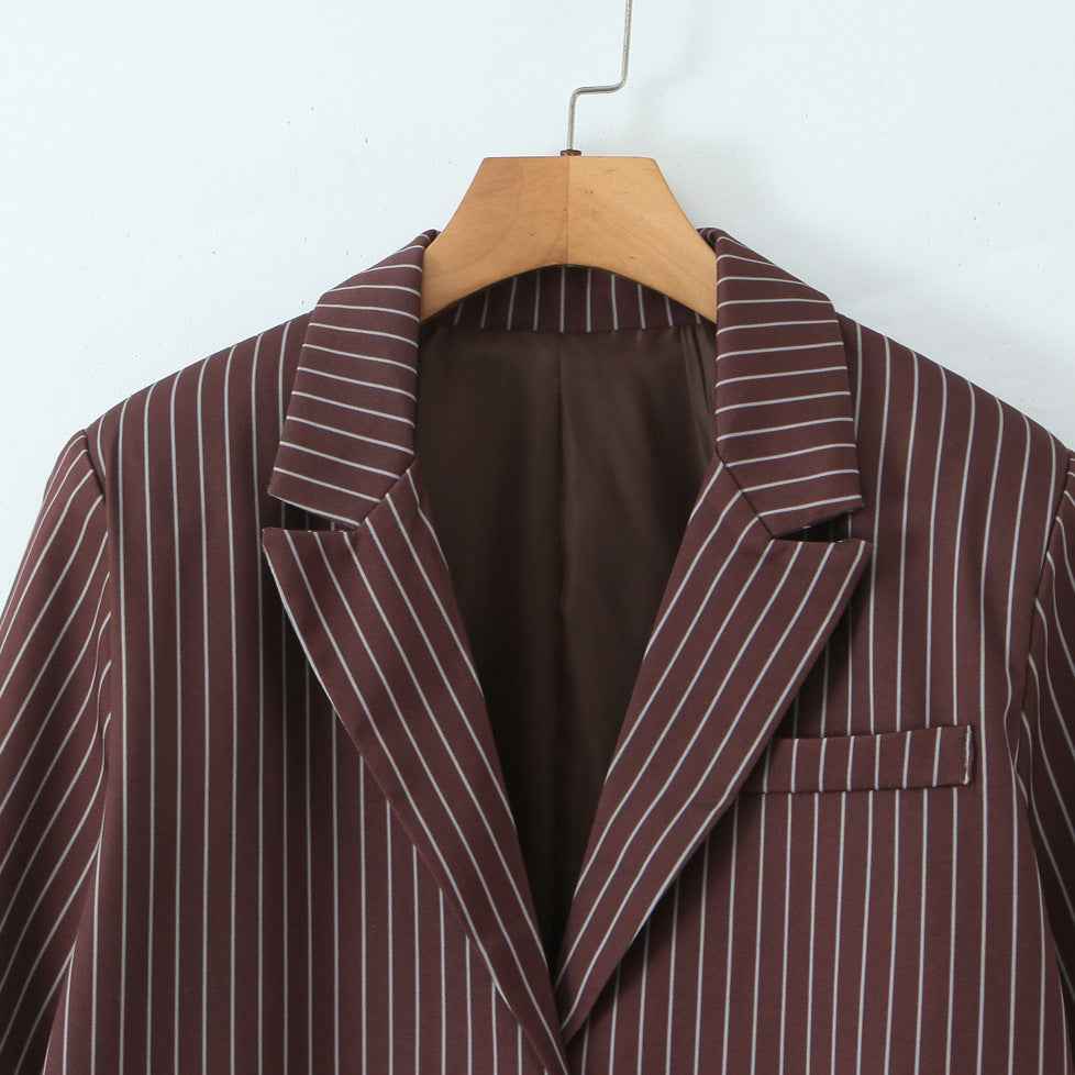 Versatile Elegant Brown Striped Loose Suit Jacket