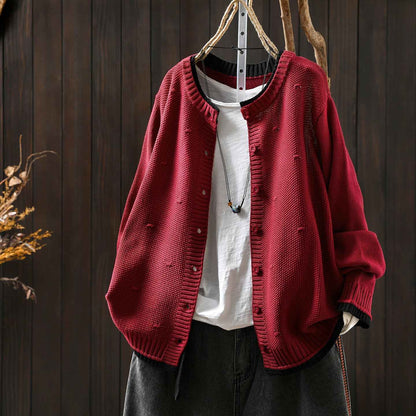Women's Cardigan Sweater Coat Color Block Cotton Thread Knitting Retro Casual