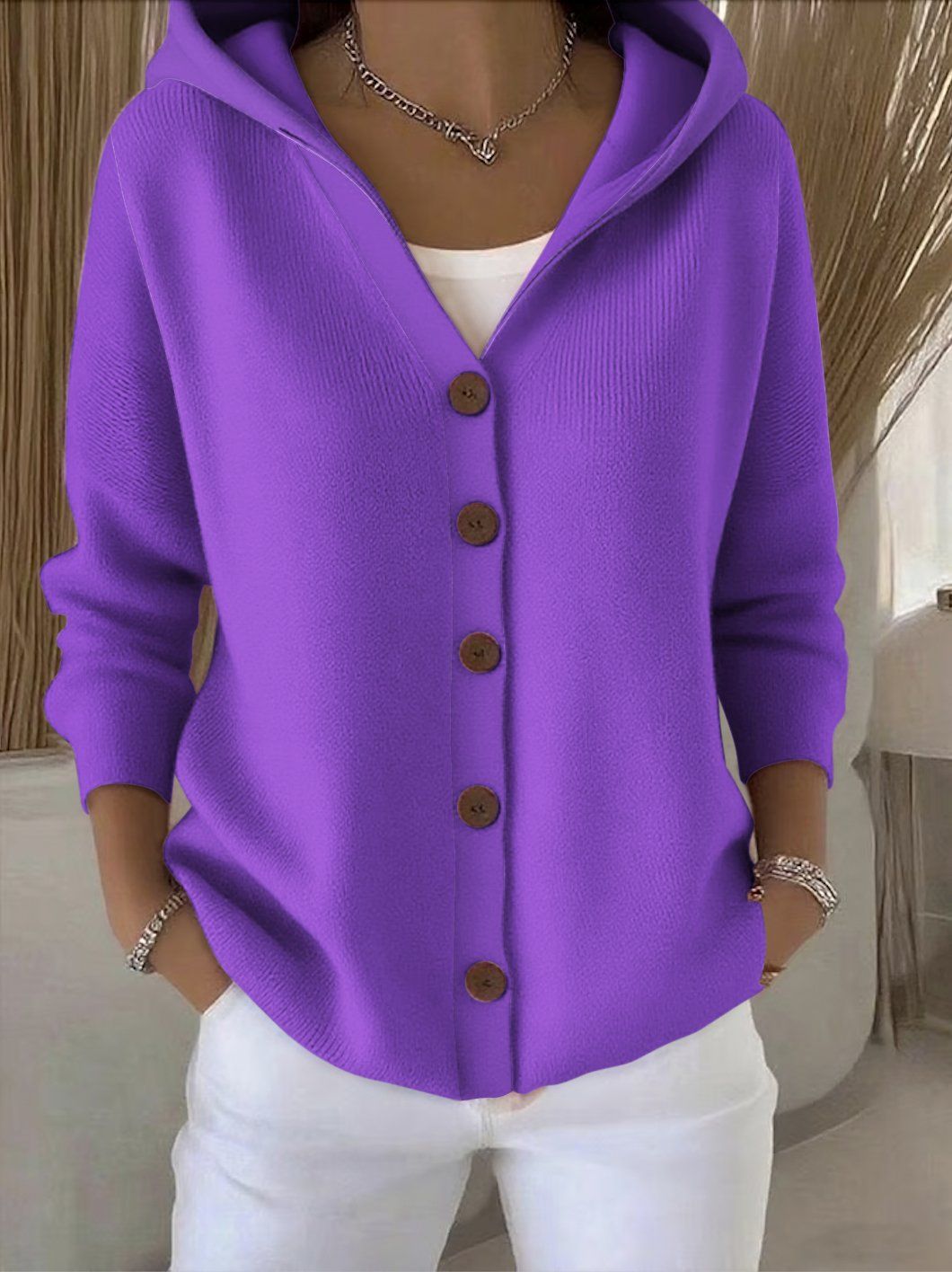 Buttoned Knitted Hooded Sweater - Cozy Women's Cardigan with Hood