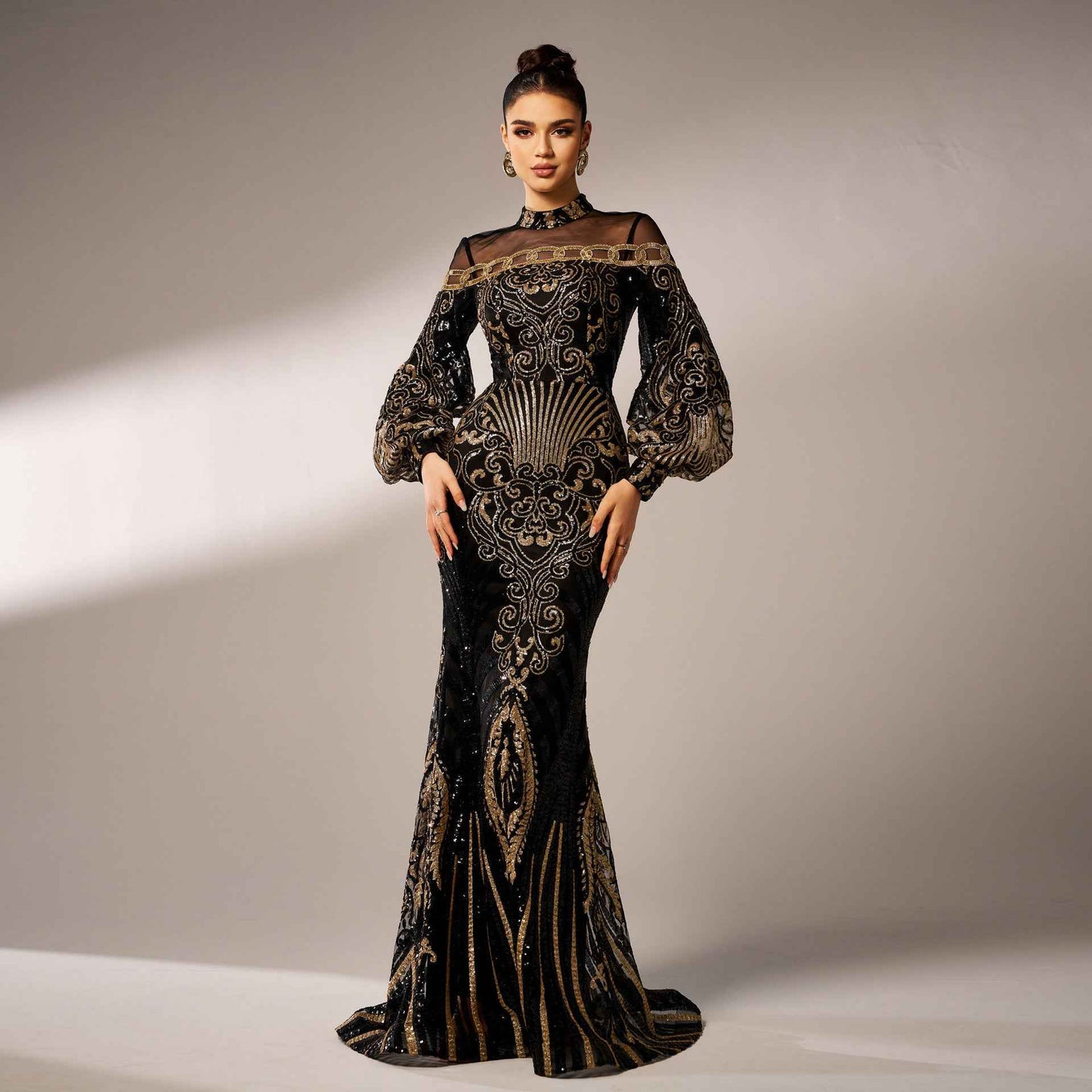 Long Sleeve Round Neck Sequins Mesh Fishtail Evening Dress