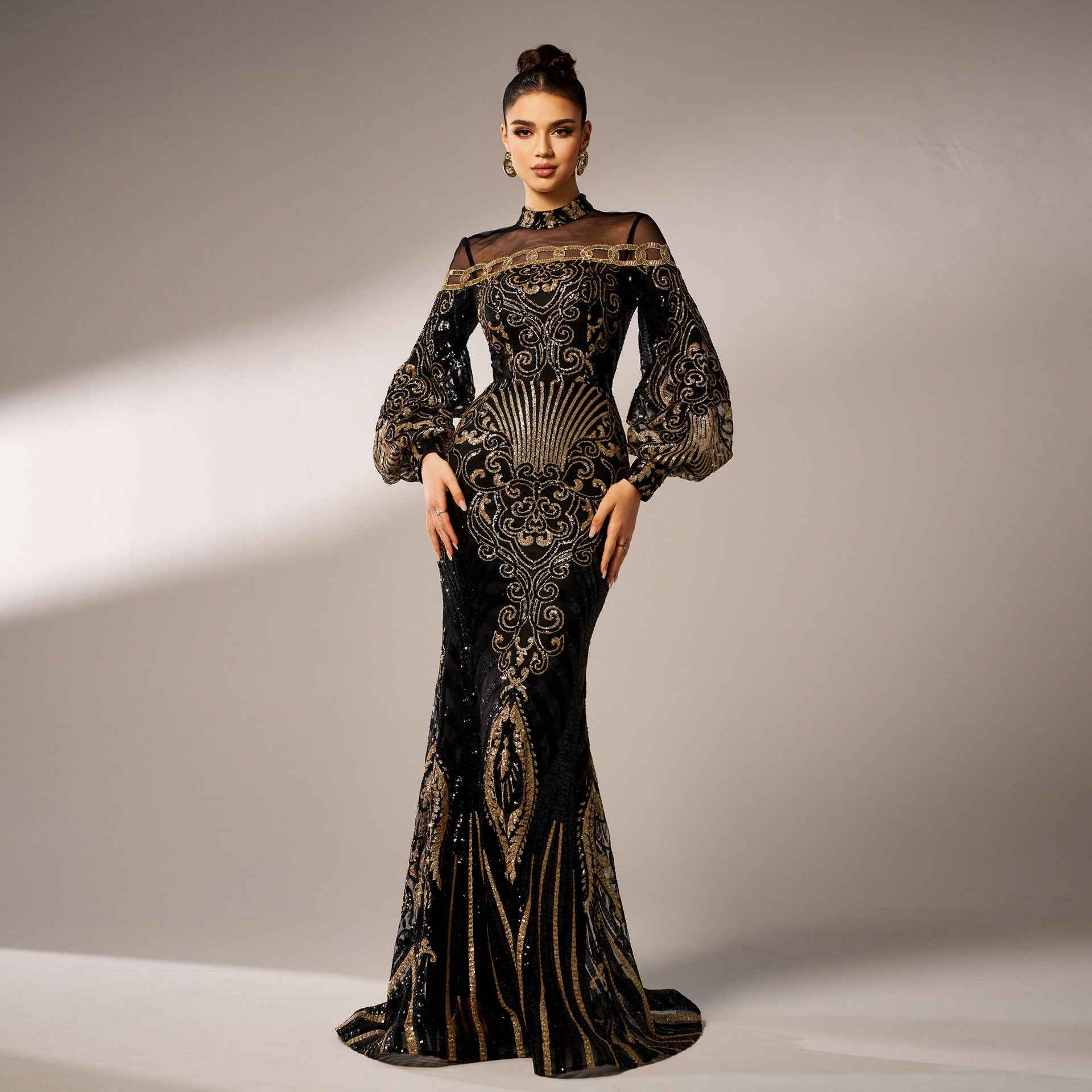 Long Sleeve Round Neck Sequins Mesh Fishtail Evening Dress