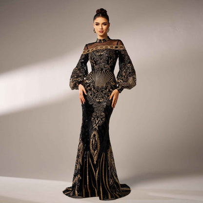 Long Sleeve Round Neck Sequins Mesh Fishtail Evening Dress
