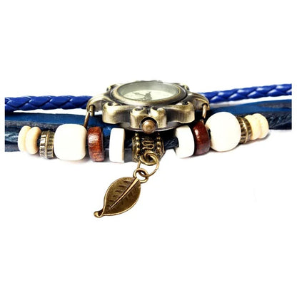 Beautiful Bohemian Style Retro Handmade Leather Tree Leaf Women's Watches Blue - DropOnline.co