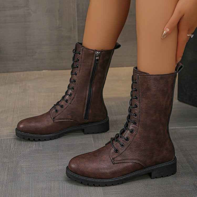 Flat Mid-calf Lace-up Boots For Women