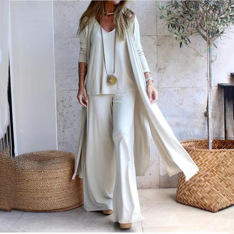 Loose Plain-Color Three-Piece Collar Halter-Neck Dress - Casual Chic Style